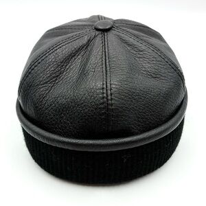 Men's Black Leather and Knit Cap